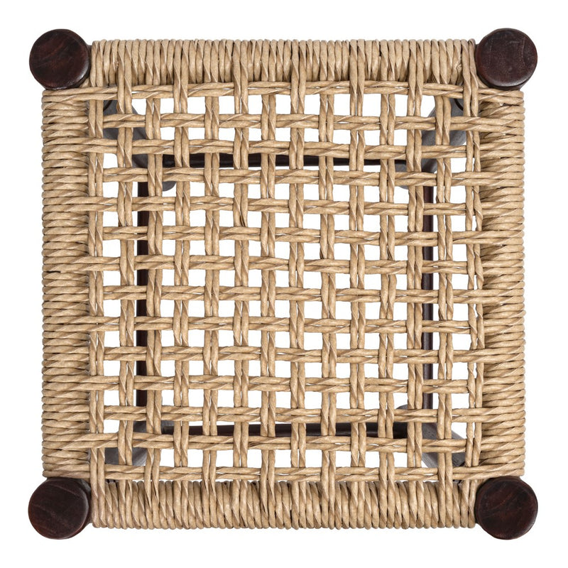 Columnar Casual Bohemian Handcrafted Teak Wood Backless Indoor/Outdoor Bar Stool with Synthetic Woven Rattan Seat