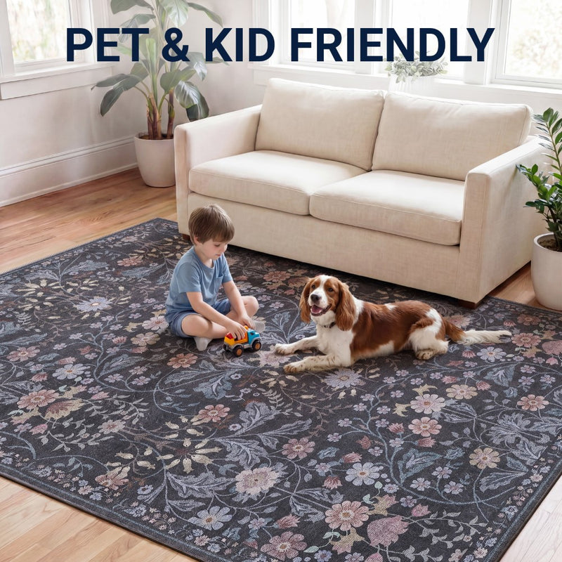 Primrose Art Nouveau Floral Border Machine-washable Area Rug