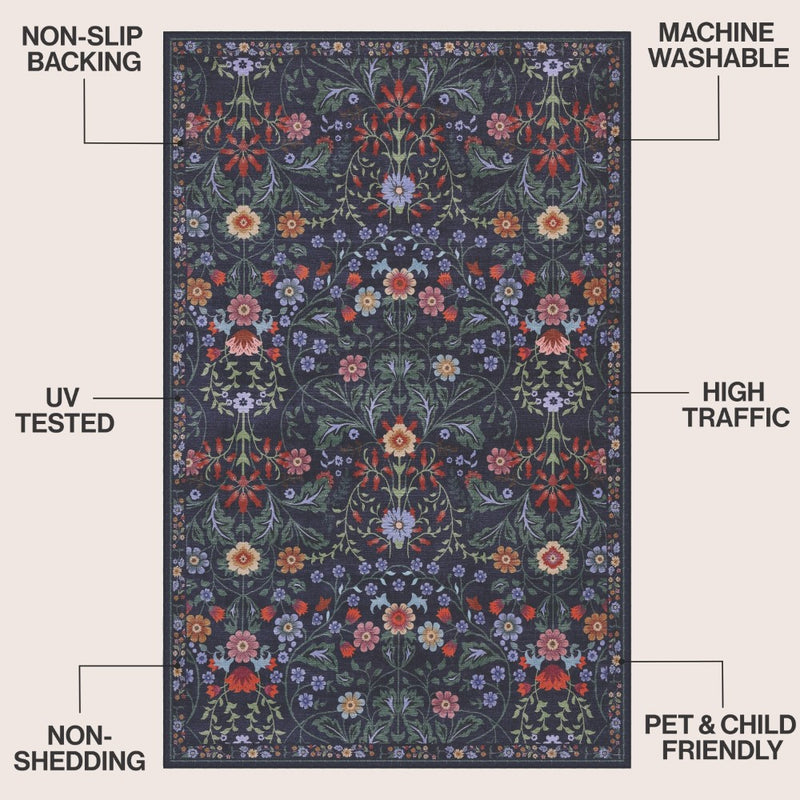 Primrose Art Nouveau Floral Border Machine-washable Area Rug