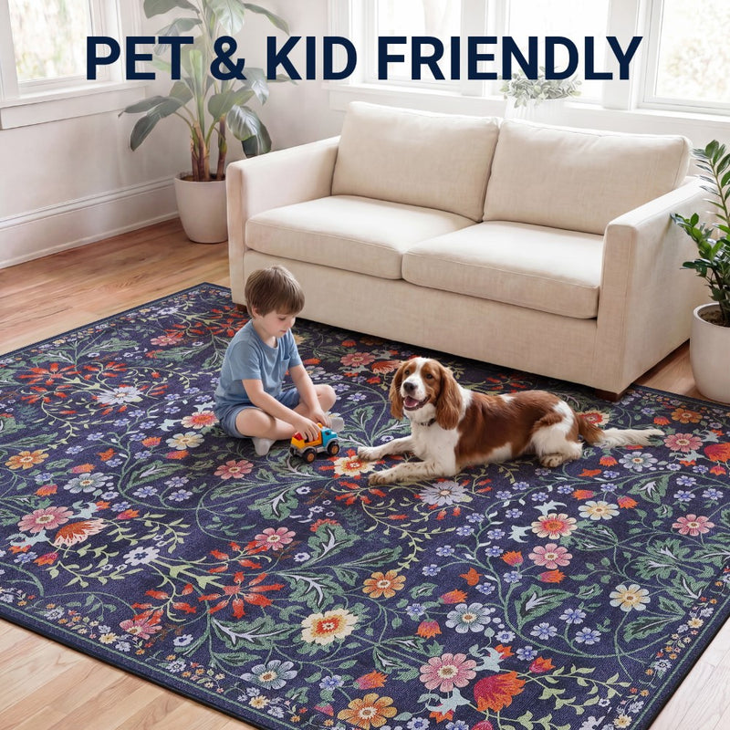 Primrose Art Nouveau Floral Border Machine-washable Area Rug