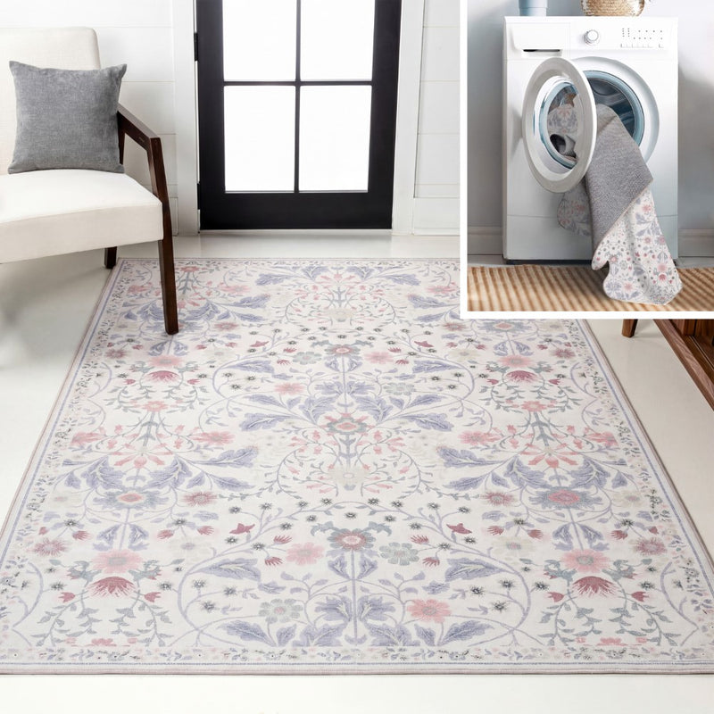 Primrose Art Nouveau Floral Border Machine-washable Area Rug
