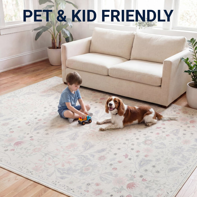 Primrose Art Nouveau Floral Border Machine-washable Area Rug