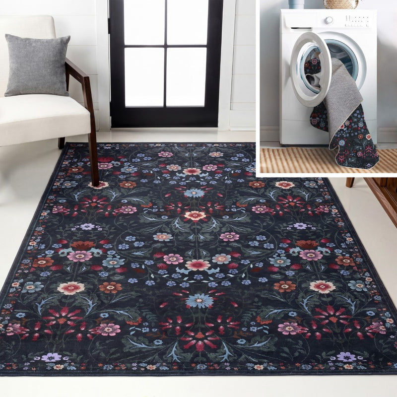 Primrose Art Nouveau Floral Border Machine-washable Area Rug