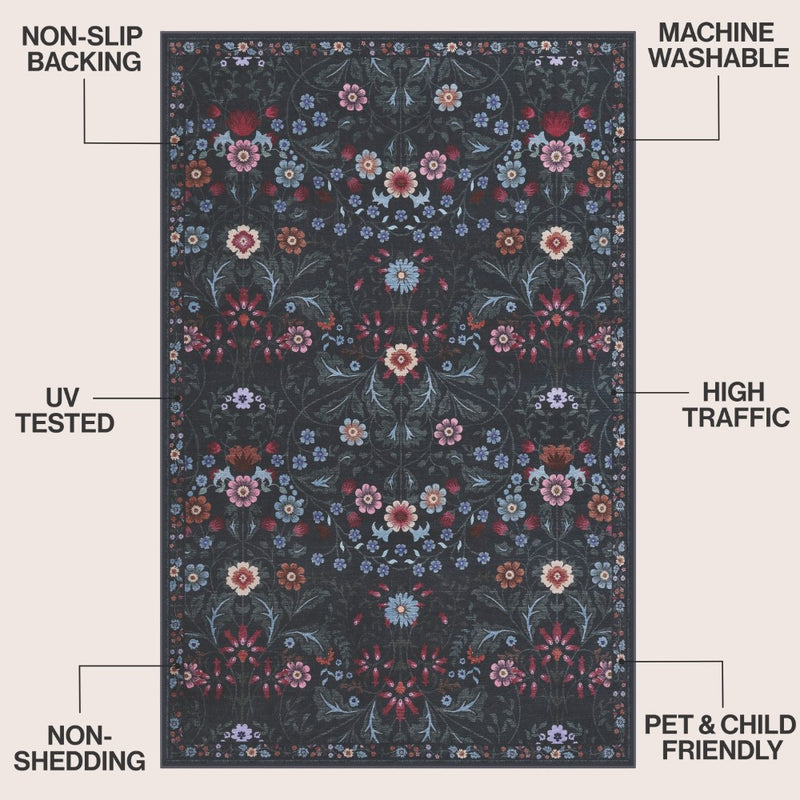 Primrose Art Nouveau Floral Border Machine-washable Area Rug