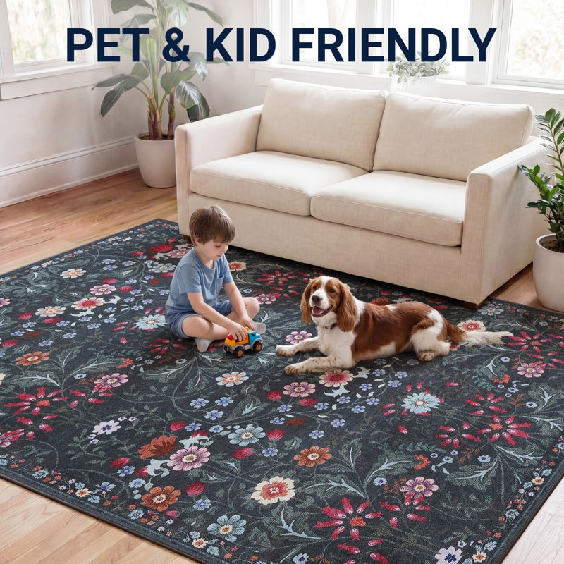 Primrose Art Nouveau Floral Border Machine-washable Area Rug
