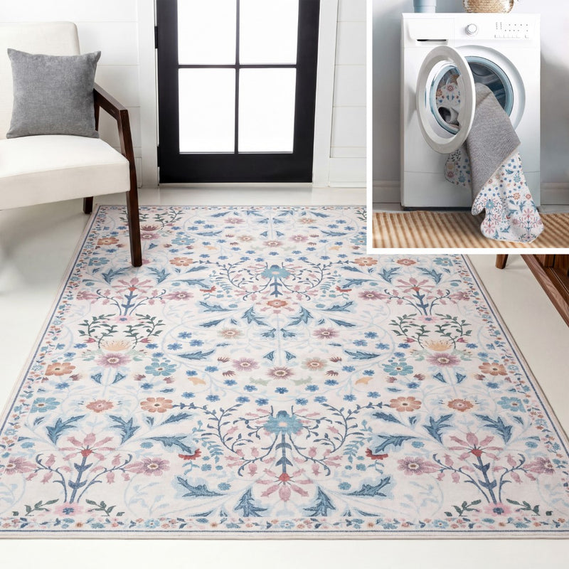 Primrose Art Nouveau Floral Border Machine-washable Area Rug