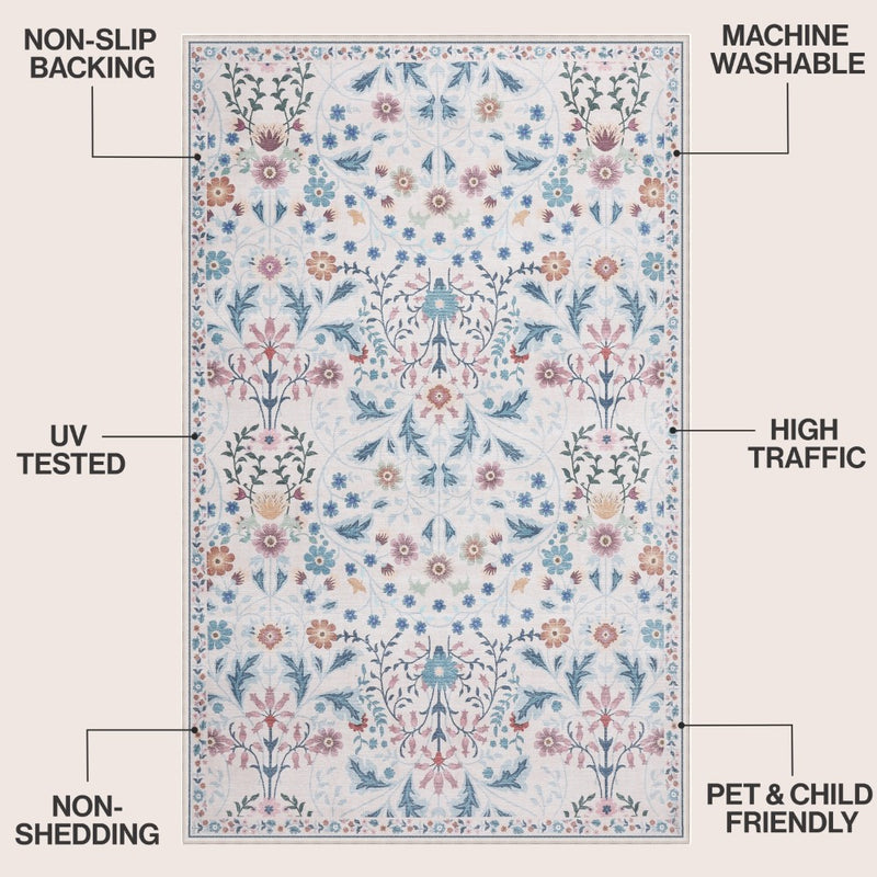 Primrose Art Nouveau Floral Border Machine-washable Area Rug