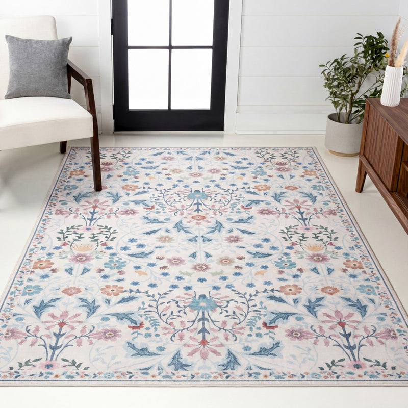 Primrose Art Nouveau Floral Border Machine-washable Area Rug