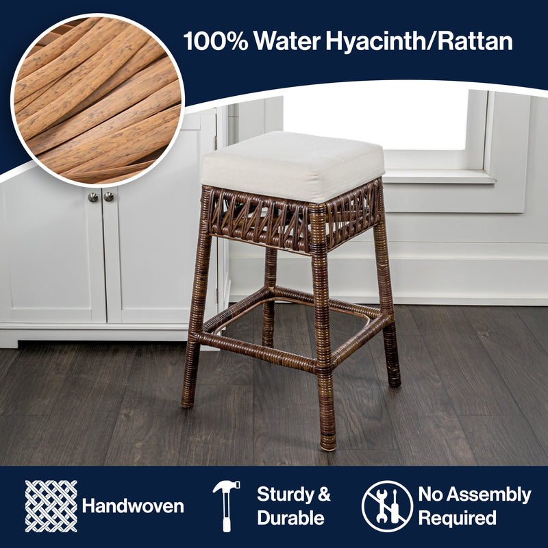 Bali Rustic Bohemian Hyacinth/Wood Backless Counter Stool