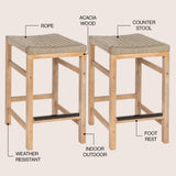 Armand 30" Modern Coastal Backless Acacia Wood Outdoor Bar Stool with Woven Rope Seat