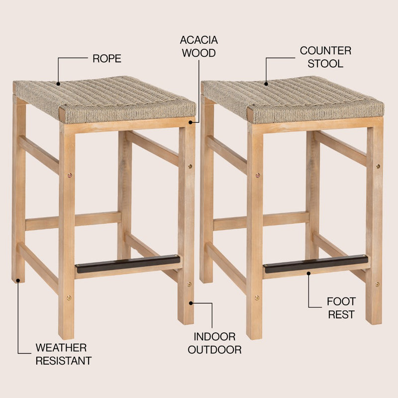 Armand 30" Modern Coastal Backless Acacia Wood Outdoor Bar Stool with Woven Rope Seat