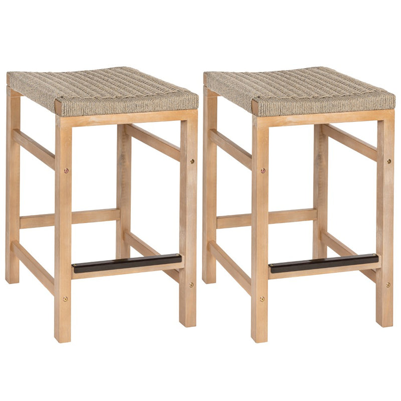 Armand 30" Modern Coastal Backless Acacia Wood Outdoor Bar Stool with Woven Rope Seat