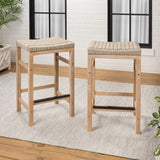 Armand 30" Modern Coastal Backless Acacia Wood Outdoor Bar Stool with Woven Rope Seat