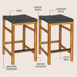 Armand 30" Modern Coastal Backless Acacia Wood Outdoor Bar Stool with Woven Rope Seat
