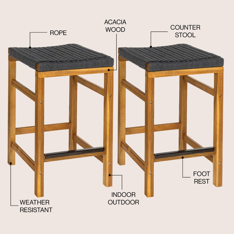 Armand 30" Modern Coastal Backless Acacia Wood Outdoor Bar Stool with Woven Rope Seat