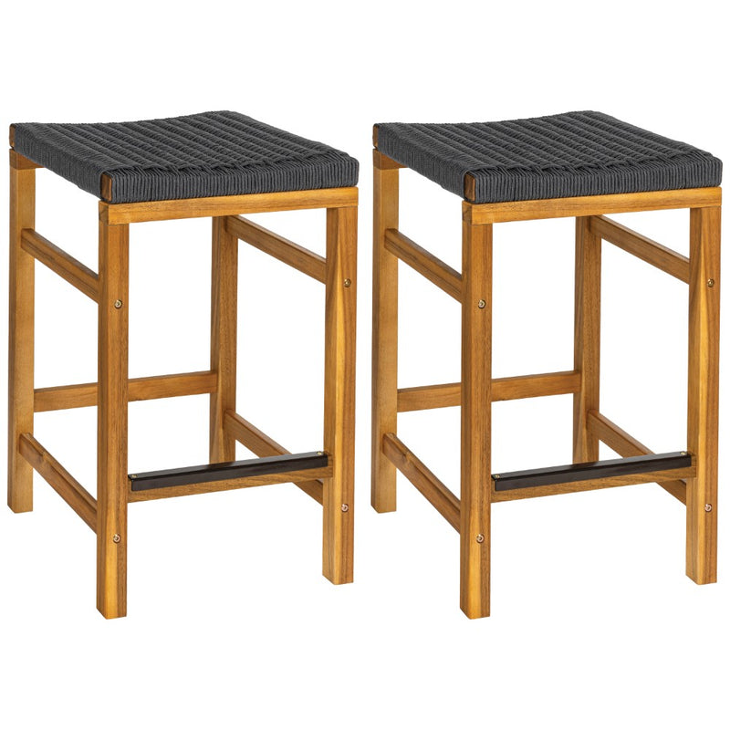 Armand 30" Modern Coastal Backless Acacia Wood Outdoor Bar Stool with Woven Rope Seat