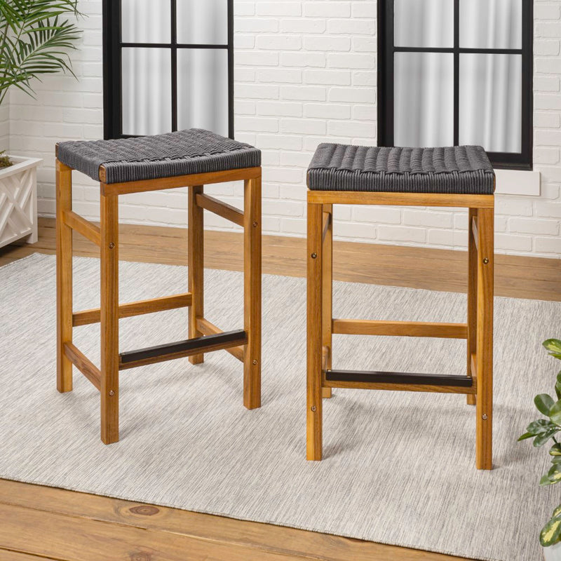 Armand 30" Modern Coastal Backless Acacia Wood Outdoor Bar Stool with Woven Rope Seat
