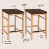 Armand 30" Modern Coastal Backless Acacia Wood Outdoor Bar Stool with Woven Rope Seat
