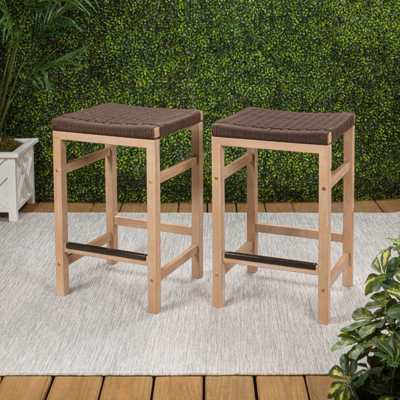 Armand 30" Modern Coastal Backless Acacia Wood Outdoor Bar Stool with Woven Rope Seat