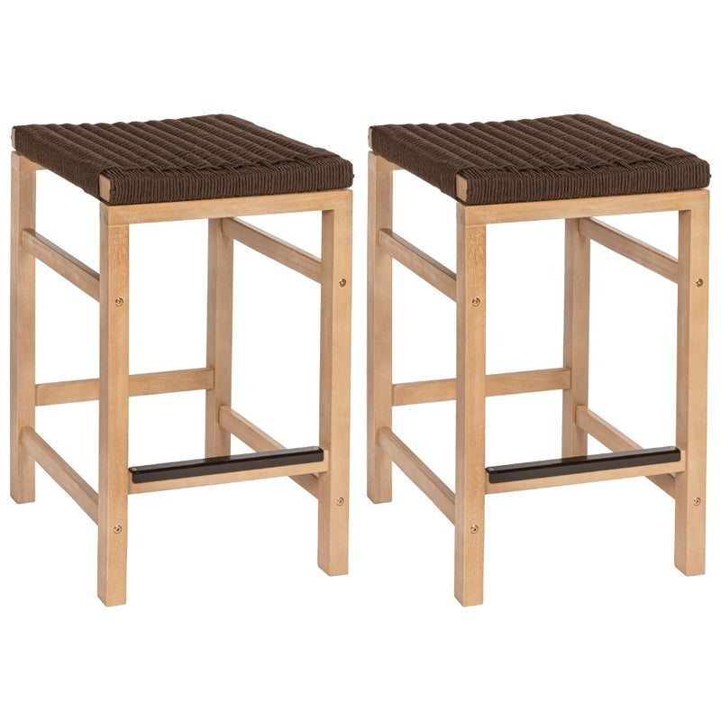 Armand 30" Modern Coastal Backless Acacia Wood Outdoor Bar Stool with Woven Rope Seat