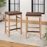 Armand 30" Modern Coastal Backless Acacia Wood Outdoor Bar Stool with Woven Rope Seat