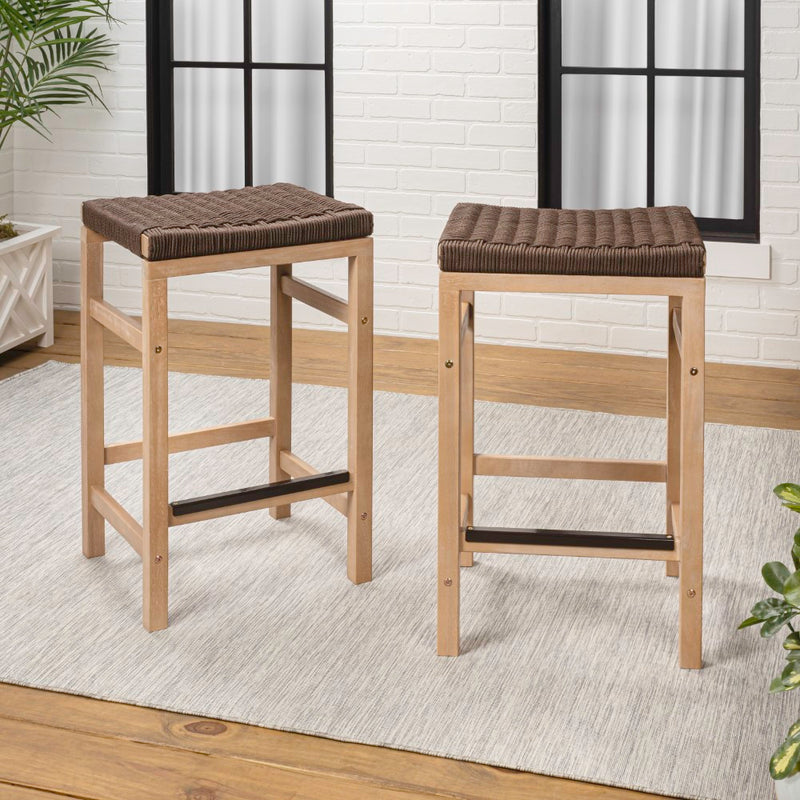 Armand 30" Modern Coastal Backless Acacia Wood Outdoor Bar Stool with Woven Rope Seat