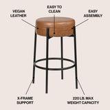 Paola Modern Minimalist Round Backless Metal/Vegan Leather Cushioned Bar Stool - JONATHAN Y