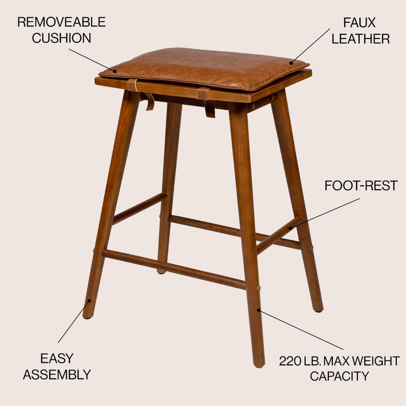 Peroni MidCentury Classic Saddle-Seat Solid Wood/Vegan Leather Backless Bar Stool with Removeable Cushion