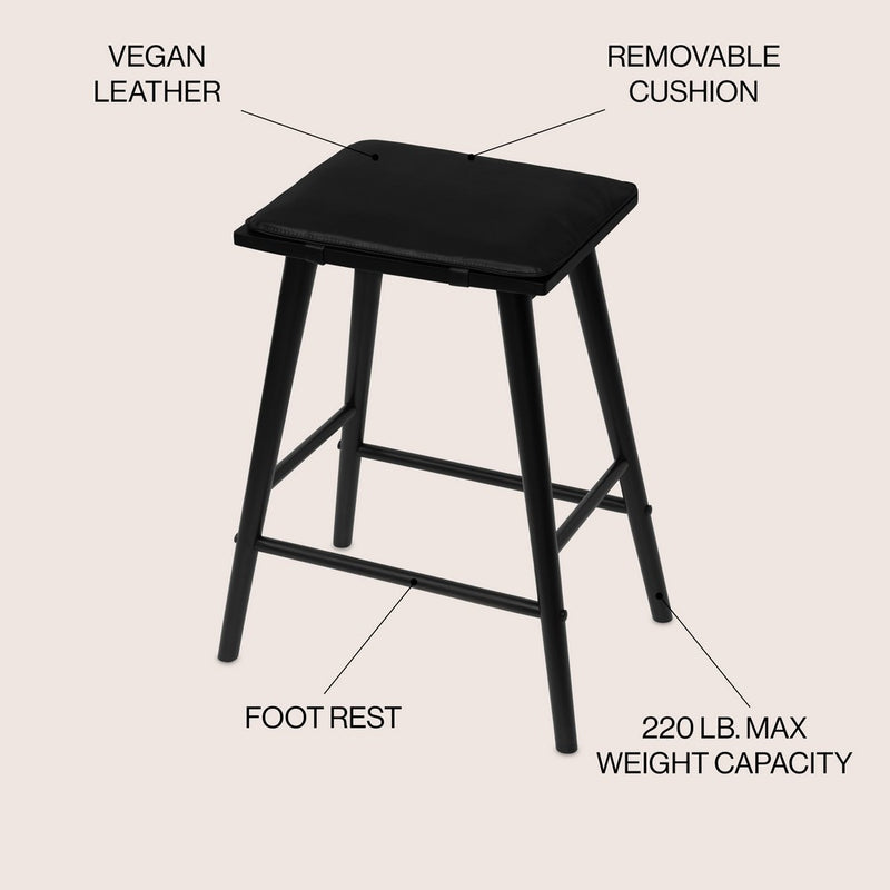 Peroni MidCentury Classic Saddle-Seat Solid Wood/Vegan Leather Backless Bar Stool with Removeable Cushion