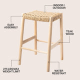 Armati Coastal Casual Handcrafted Teak Wood Backless Indoor/Outdoor Bar Stool with Synthetic Woven Seat