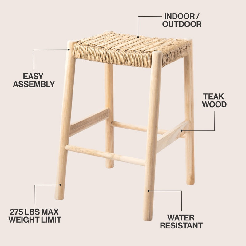 Armati Coastal Casual Handcrafted Teak Wood Backless Indoor/Outdoor Bar Stool with Synthetic Woven Seat