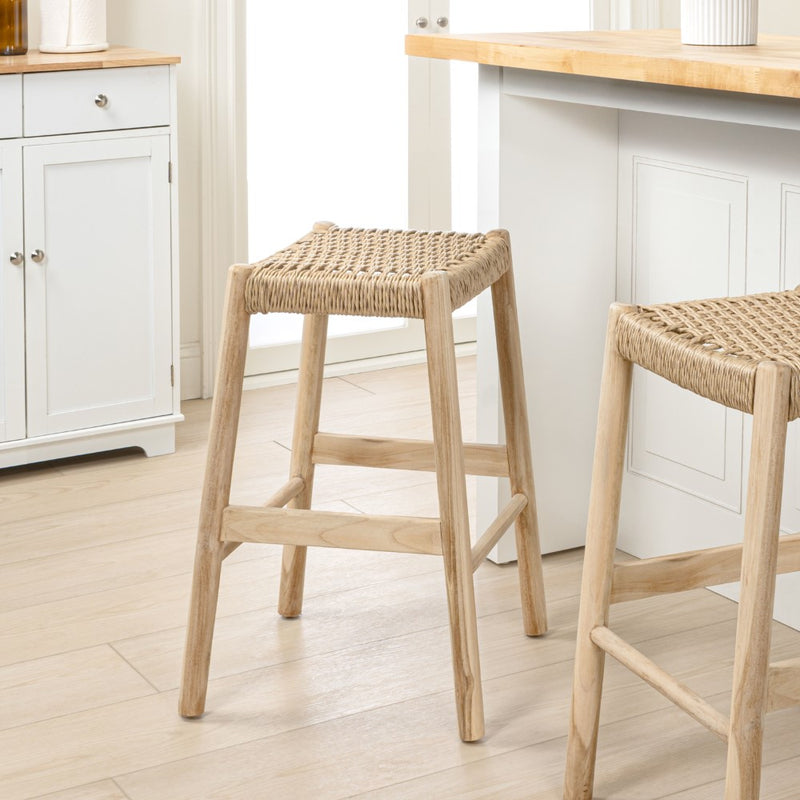 Armati Coastal Casual Handcrafted Teak Wood Backless Indoor/Outdoor Bar Stool with Synthetic Woven Seat