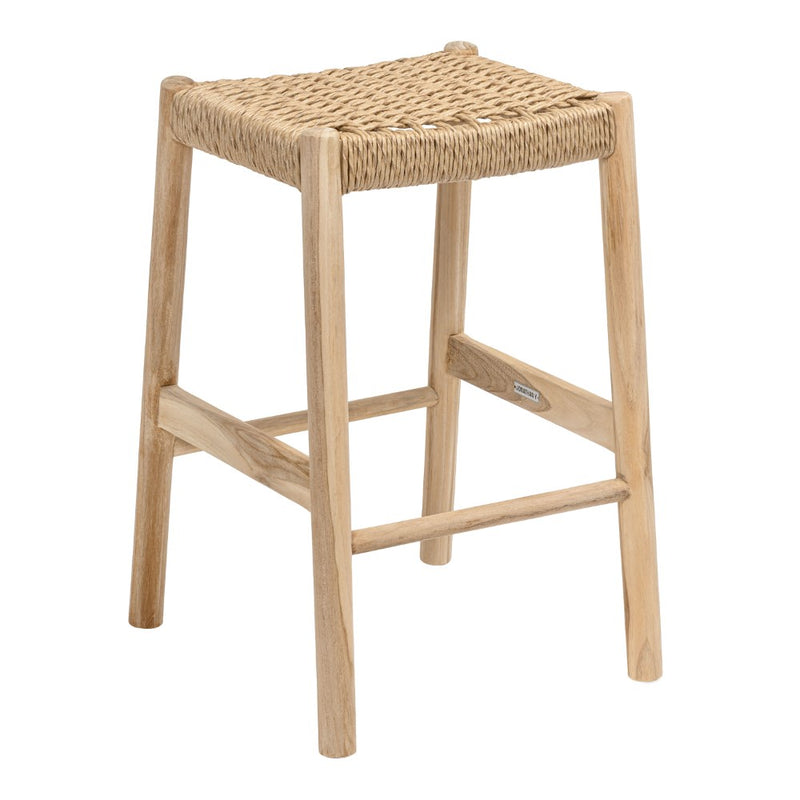 Armati Coastal Casual Handcrafted Teak Wood Backless Indoor/Outdoor Bar Stool with Synthetic Woven Seat