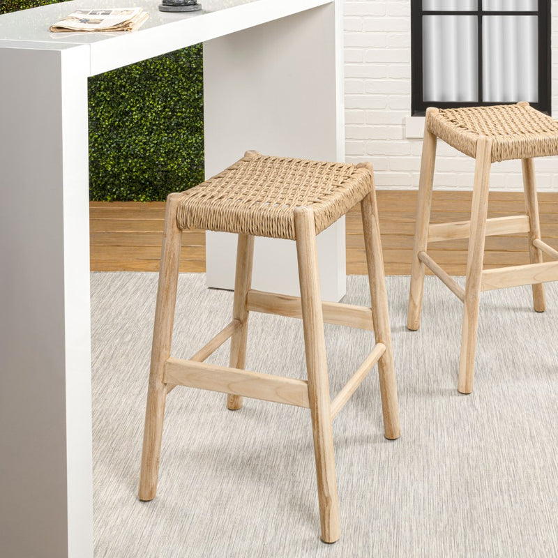 Armati Coastal Casual Handcrafted Teak Wood Backless Indoor/Outdoor Bar Stool with Synthetic Woven Seat