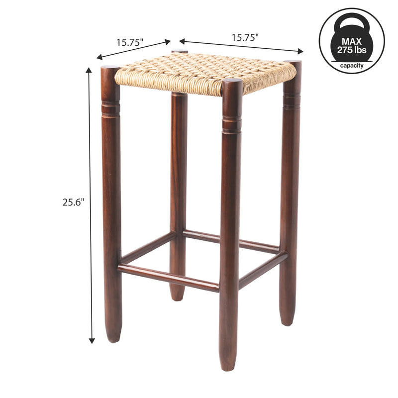 Columnar Casual Bohemian Handcrafted Teak Wood Backless Indoor/Outdoor Bar Stool with Synthetic Woven Rattan Seat