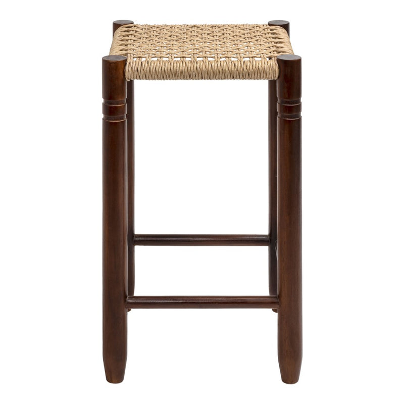 Columnar Casual Bohemian Handcrafted Teak Wood Backless Indoor/Outdoor Bar Stool with Synthetic Woven Rattan Seat