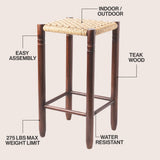 Columnar Casual Bohemian Handcrafted Teak Wood Backless Indoor/Outdoor Bar Stool with Synthetic Woven Rattan Seat