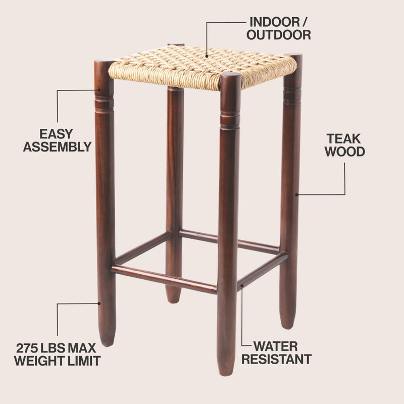 Columnar Casual Bohemian Handcrafted Teak Wood Backless Indoor/Outdoor Bar Stool with Synthetic Woven Rattan Seat