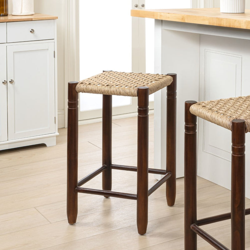 Columnar Casual Bohemian Handcrafted Teak Wood Backless Indoor/Outdoor Bar Stool with Synthetic Woven Rattan Seat