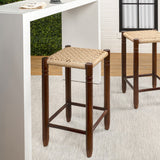 Columnar Casual Bohemian Handcrafted Teak Wood Backless Indoor/Outdoor Bar Stool with Synthetic Woven Rattan Seat