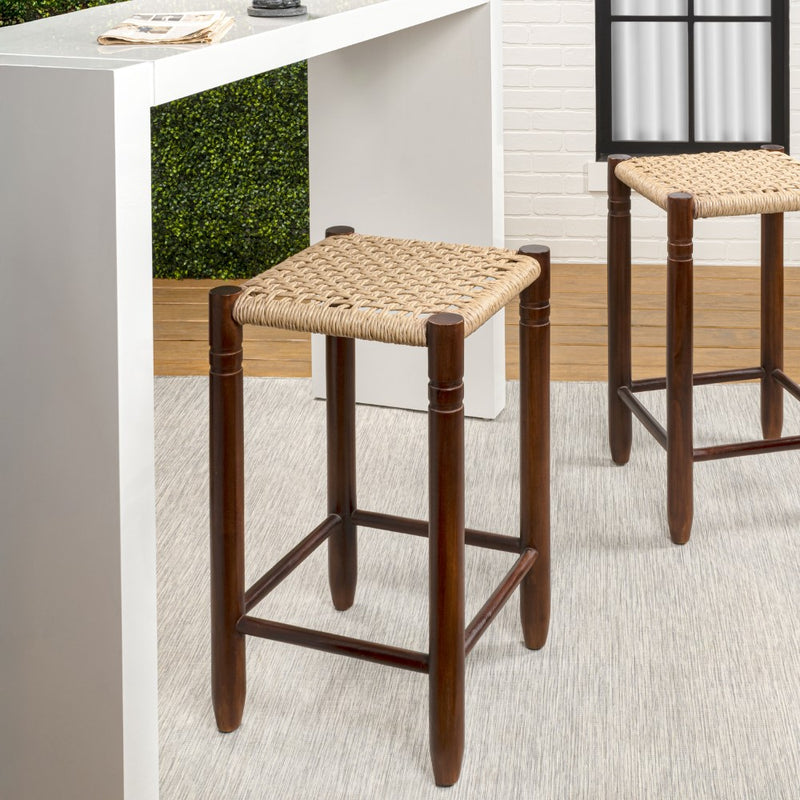 Columnar Casual Bohemian Handcrafted Teak Wood Backless Indoor/Outdoor Bar Stool with Synthetic Woven Rattan Seat