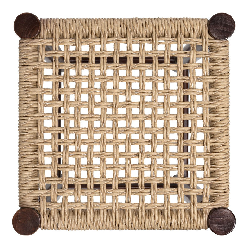Columnar Casual Bohemian Handcrafted Teak Wood Backless Indoor/Outdoor Bar Stool with Synthetic Woven Rattan Seat