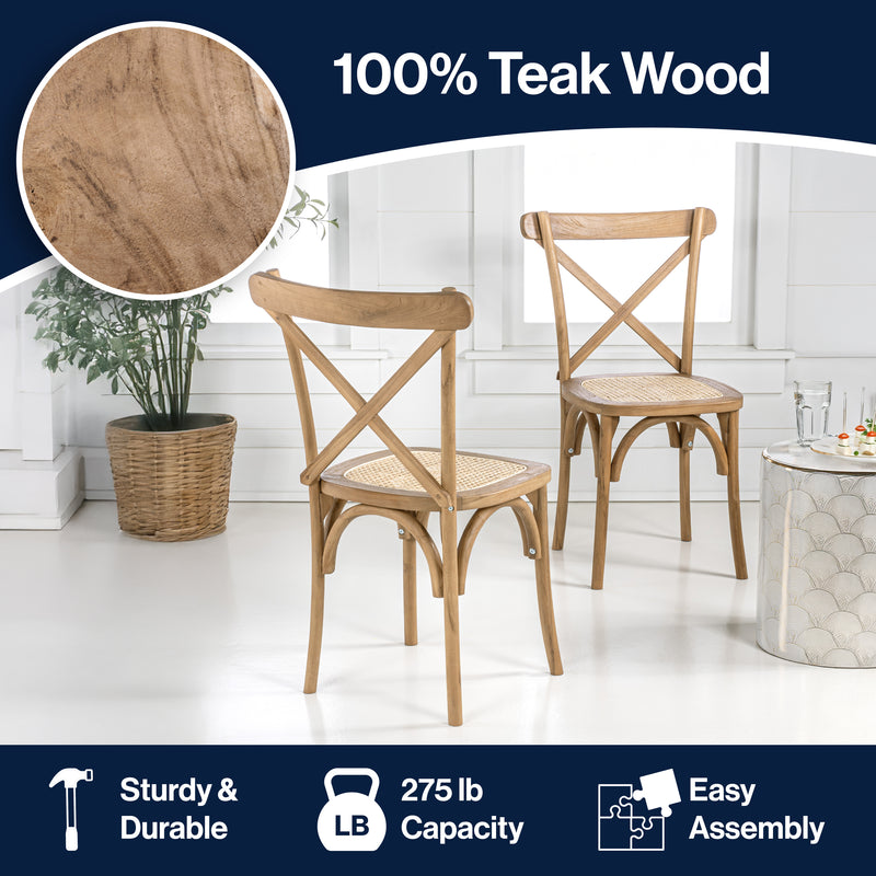 Cassis Traditional X-Back Wood Rattan Dining Chair Set 2