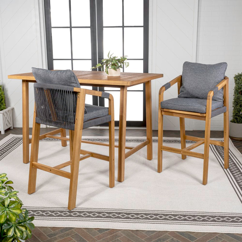 Porto Modern Coastal 3-Piece Acacia Wood Outdoor Bar Set with Cushions - JONATHAN Y