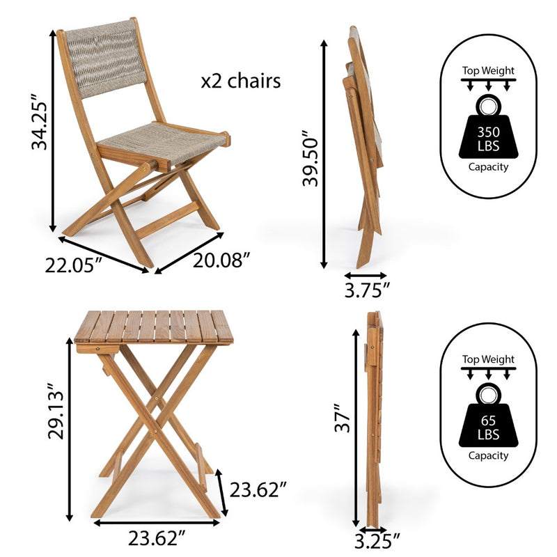 Javea Modern Coastal 3-Piece Acacia Wood Outdoor Folding Bistro Set - JONATHAN Y