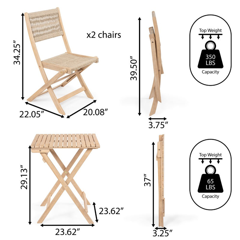 Javea Modern Coastal 3-Piece Acacia Wood Outdoor Folding Bistro Set - JONATHAN Y