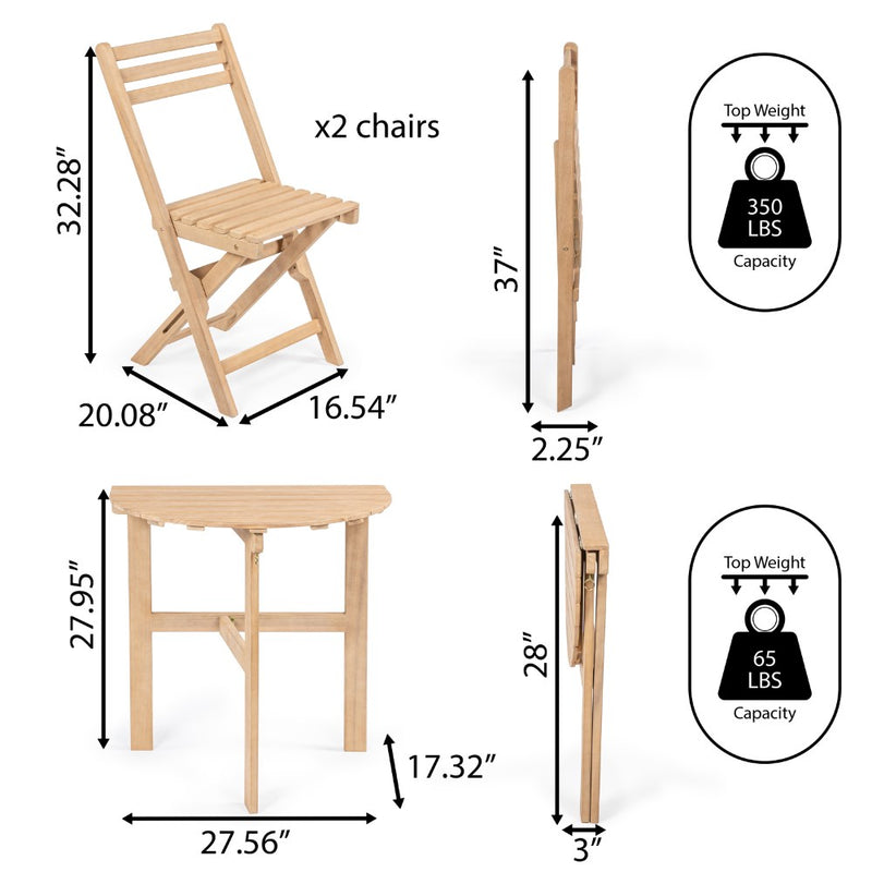 Cadiz Classic French Country 3-Piece Acacia Wood Half-Round Outdoor Folding Bistro Set - JONATHAN Y