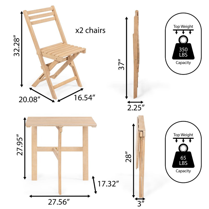 Nerja Modern Traditional 3-Piece Acacia Wood Outdoor Folding Bistro Set - JONATHAN Y