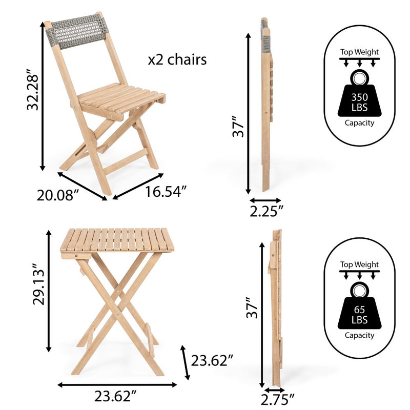 Sitges Modern Mid-Century 3-Piece Roped Acacia Wood Outdoor Folding Bistro Set - JONATHAN Y