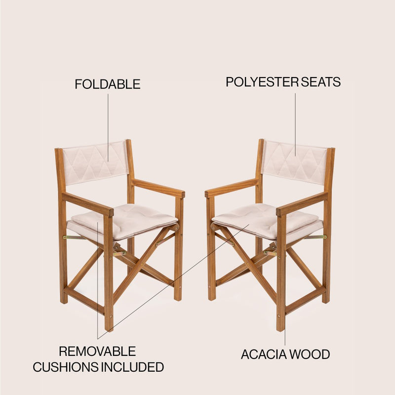 Waldo Classic Mid-Century Outdoor Acacia Wood Foldable Diamond-Quilted Back Director Chair with Cushion Set 2